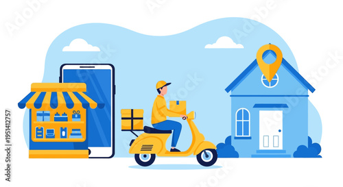 Flat illustration of a delivery person riding a scooter with a package, a store and a house in the background against a blue sky.