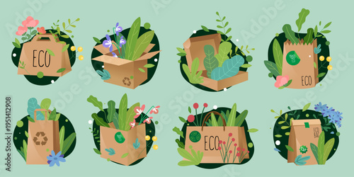 Eco packing set with plants in paper bags in flat style on green background as concept of sustainability. Vector illustration