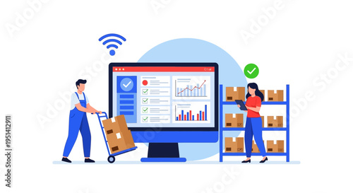 Illustration of warehouse workers interacting with a large computer screen displaying logistics data