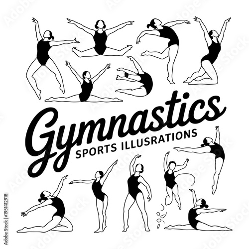 Gymnastics sports illustrations featuring female athletes in various poses