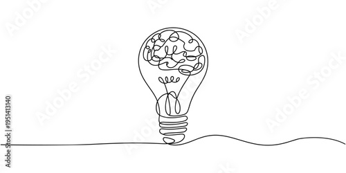 Single continuous line drawing of half light bulb and half human brain logo label. Smart power and psychological company icon label concept. one line Icon drawing