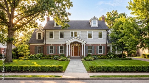 Beautiful modern suburban home with brick and shingle facade well-maintained lawn and lush landscaping under a bright sky in a residential neighborhood.