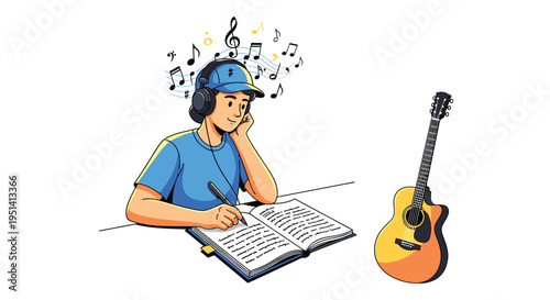 Man Listening to Music and Reading.