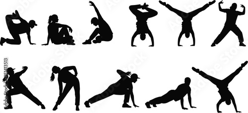 Breakdance, dancer, silhouettes, hip hop, street dance, dynamic poses, acrobatic movement, freestyle performance, urban style, black isolated illustration set