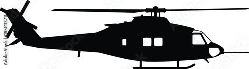 Black helicopter silhouette side view on white background, detailed military aircraft profile, transport chopper for rescue and aviation design projects.
