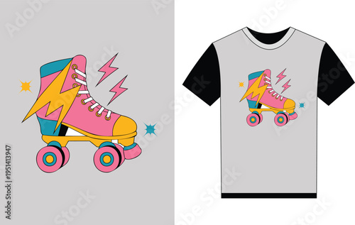 Roller skate design on t shirt and skateboard graphic print