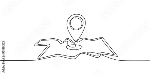 self drawing of continuous line draw map with Pin Pointer. Single line drawing route or way with map pin or navigation pointer that mark geolocation.