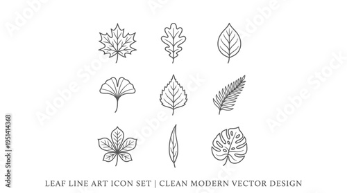 A set of nine leaf outline icons in a clean modern vector design