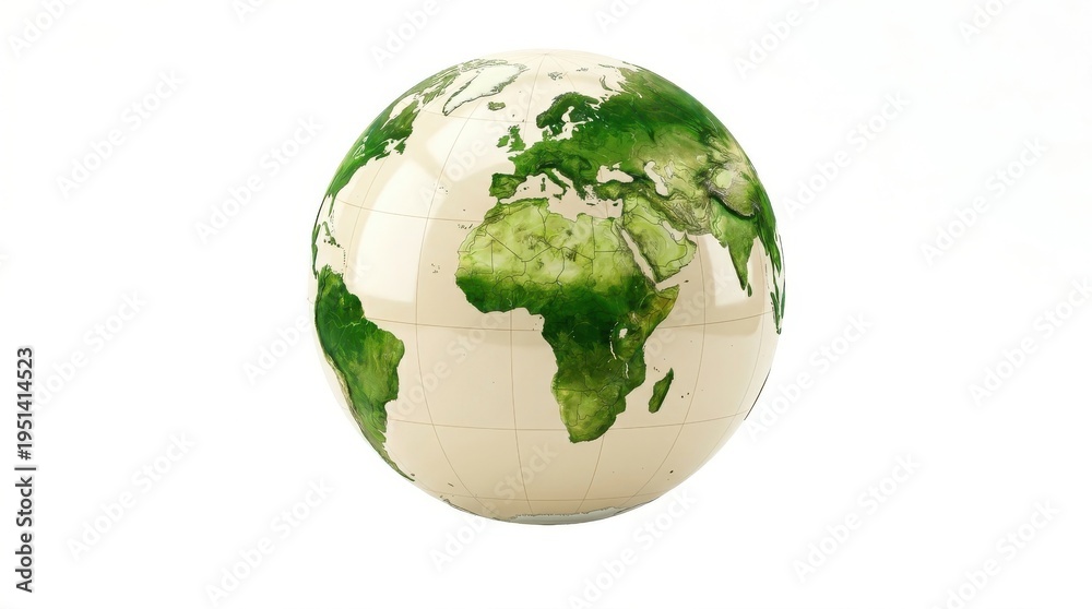 Obraz premium A detailed globe with lush green continents and clear blue oceans, presented in a clean studio shot with a white background, evoking a sense of environmental awareness and global connection.