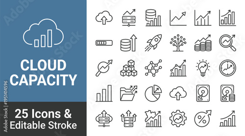 Cloud capacity vector graphics set with 25 editable icons