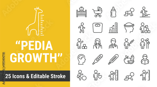 A set of twenty five editable pediatrics icons with a growth concept and various medical and developmental elements included