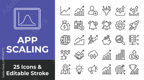A vector graphic illustration of twenty-five editable app scaling business icons with various designs and symbols for growth
