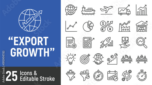 Export growth business icons vector graphic illustration set with twenty five editable stroke elements