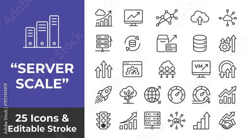 Server scale vector graphic illustration with 25 icons and editable stroke