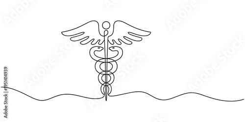 Medical symbol caduceus. Continuous One line drawing, One Continuous line drawing of Caduceus as a symbol of medicine. Thin curls and romantic symbols in simple linear style. Minimalistic Doodle pro.