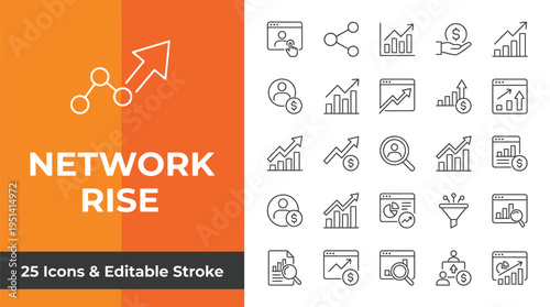 Network Rise Vector Graphic Illustration with 25 Editable Icons and Stroke