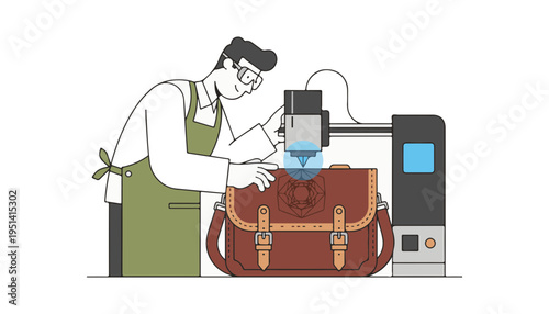 Leatherworker using a laser engraver on a designer bag in high-tech studio for manufacturing innovation and artisan holiday season