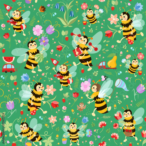 Summer seamless pattern with fairytale bees, flowers and strawberries. 
