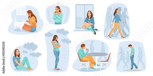 Various people shown in lonely moments in soft cartoon style on light backgrounds, expressing an isolation and loneliness concept. Vector illustration