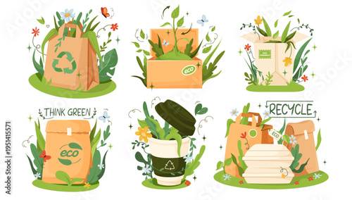 Eco packing set with green plants in flat style on white background showing sustainability concept. Vector illustration