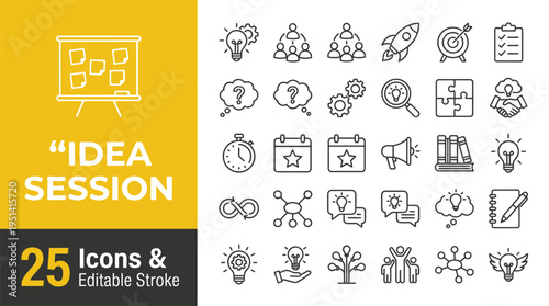 A set of twenty five black and white business icons for idea session and planning on a white background vector graphic