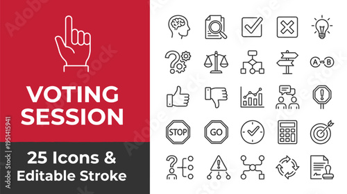 A vector graphic illustration of twenty-five black and white business icons and a hand on a red background