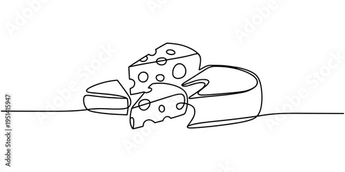 Cheese one line continuous drawing. Cheese products continuous one line illustration. Vector minimalist linear illustration. Editable line.