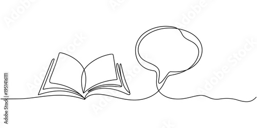 Continuous one line drawing open book with bubble for text. Vector illustration on white background.