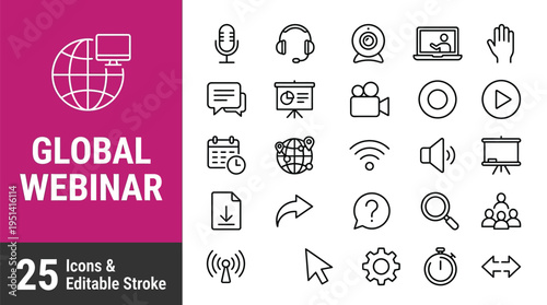 Global webinar vector icon set for online presentations and meetings