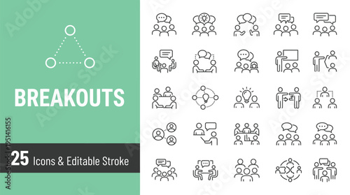 A vector graphic illustration of various line icons depicting people communicating and interacting in different settings and scenarios