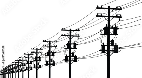 Electric power transmission poles silhouette with transformers utility electricity grid infrastructure cables black silhouette isolated background energy distribution system