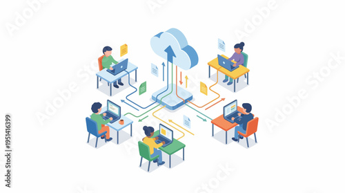 Isometric Cloud Collaboration Illustration, Remote Team Working with Laptops, Data Sharing Network, SaaS Technology Concept