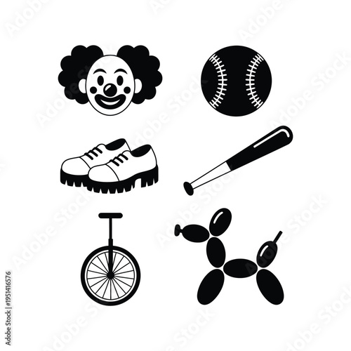 Clown face icon with baseball, shoes, bat, unicycle and balloon animal