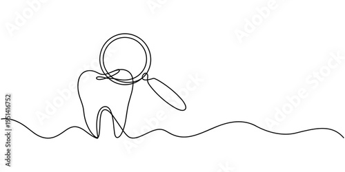Continuous one line drawing of tooth and magnifying glass. Dental Check up concept. Hand drawn one line vector. Editable stroke