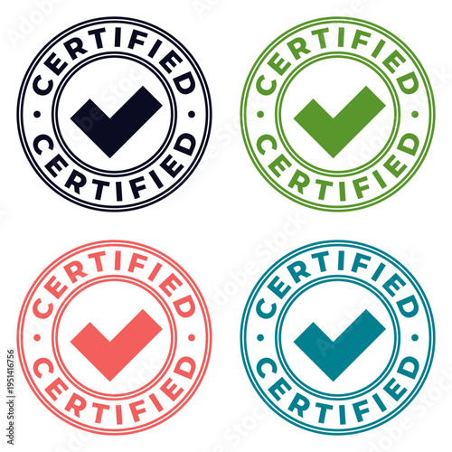 Multicolored Certified isolated circle stamp, sticker, seal with Tick icon vector illustration