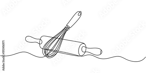 Whisk and rolling pin kitchen utensils vector one line continuous drawing illustration. Hand drawn linear cooking icon. Minimal outline design element, print,