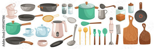 Various kitchen utensils shown in flat style on white background, representing cooking concept. Vector illustration