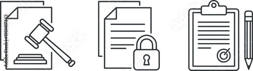 A collection of legal, security, and administrative document icons representing justice, privacy, and official agreements