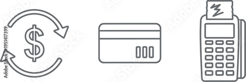 Financial transaction icons: money exchange, credit card, and point of sale terminal for modern payments