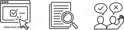 Digital process icons representing selection, document review, and feedback or approval decisions, illustrating various stages of online interaction.