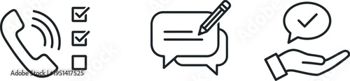 Communication and feedback process icons illustrating calls, messages, and task completion with satisfaction