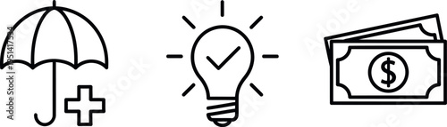 A set of three line icons depicting health protection, innovative thinking, and financial security.