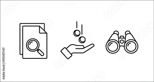 Icons representing document search, financial income, and distant observation, suitable for business analysis