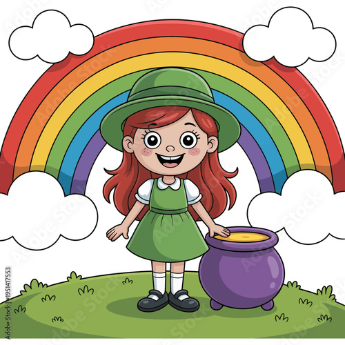 A cartoon girl in green dress standing beside a purple pot of gold
