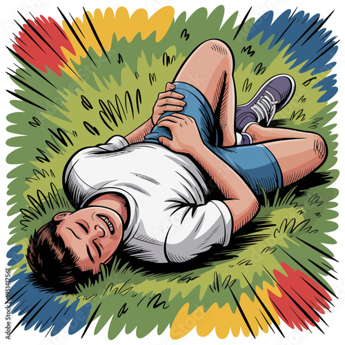 A man lies on the grass holding his knee in pain