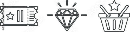 Exclusive rewards and premium shopping experience represented by a ticket, a sparkling diamond, and a star-filled basket