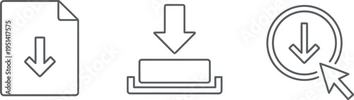 Three distinct line art icons illustrating different aspects of the download process for files and data