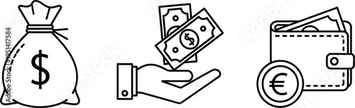 Money icons: dollar bag, hand with cash, and wallet with euro coin for finance and transactions.