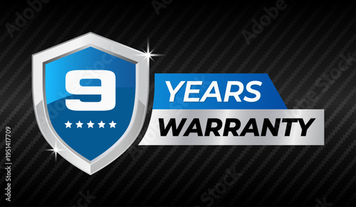 9 years warranty blue shield badge premium guarantee label for product quality assurance protection service vector illustration.