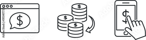 Financial digital services icons including online chat, money exchange, and mobile payment transactions